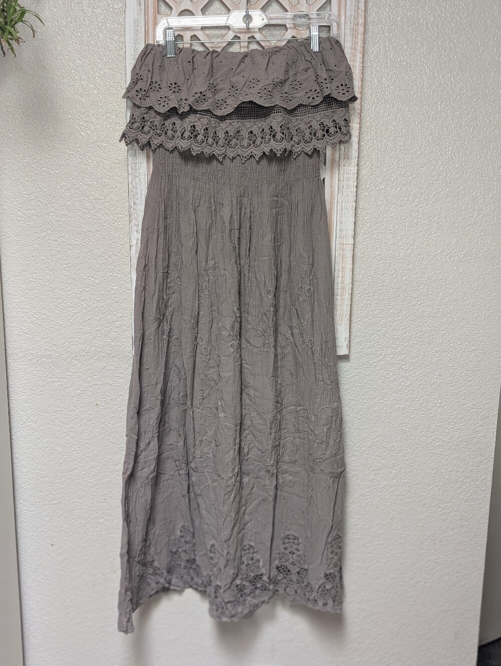 NWT Anthropologie La Marais dress size LG strapless eyelet taupe boho earthy